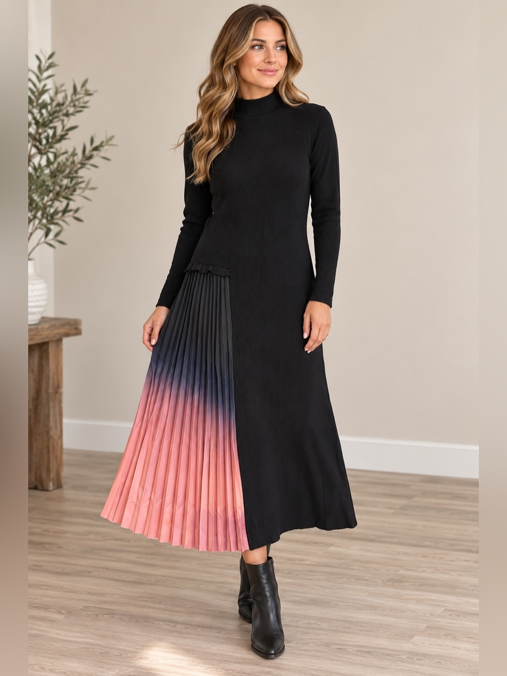 DALIA MACPHEE MOCK NECK RIBBED KNIT DRESS WITH PLEAT OMBRE SKIRT M